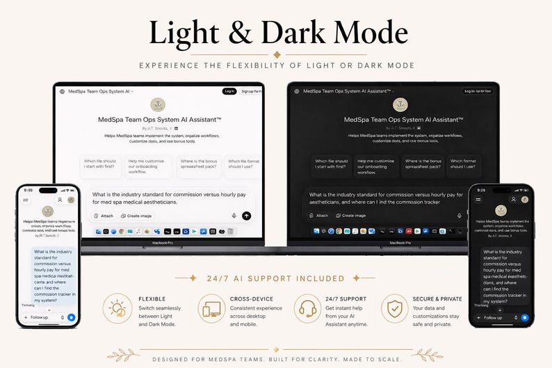 MedSpa Operations System AI Assistant light and dark mode screenshots